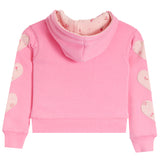 Pink cropped hoodie with heart-shaped appliques on the sleeves and a floral-patterned hood lining, shown against a plain white background.