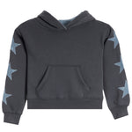 A dark charcoal gray cropped hoodie with a front kangaroo pocket and light blue embroidered star details on both sleeves, shown against a plain white background.