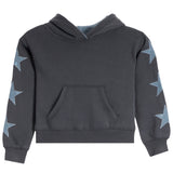 A dark charcoal gray cropped hoodie with a front kangaroo pocket and light blue embroidered star details on both sleeves, shown against a plain white background.