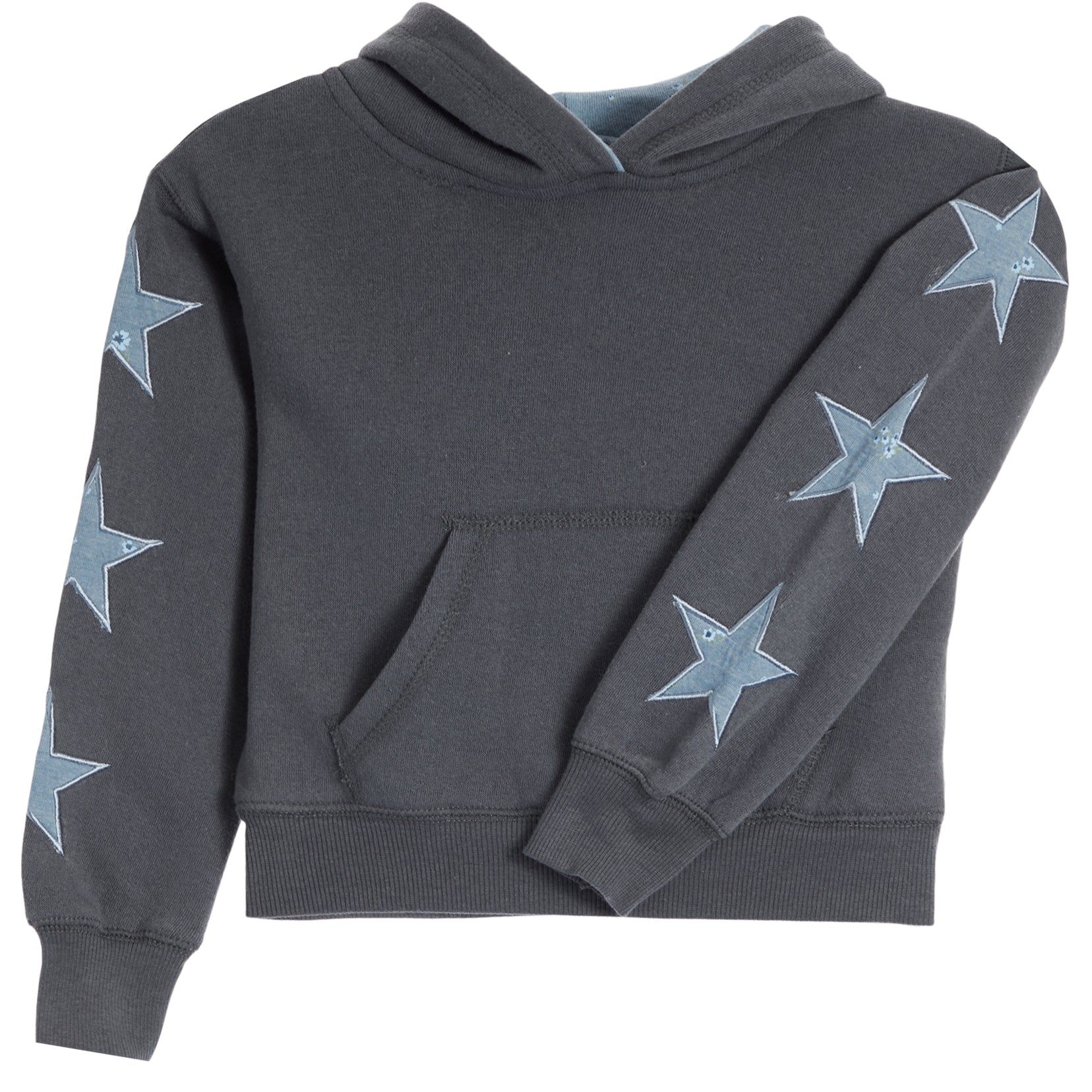 A dark gray cropped hoodie with light blue star appliqués printed down both sleeves, shown against a plain white background.
