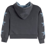 A dark gray cropped hoodie sweatshirt with light blue star graphics printed on both sleeves, shown from the back on a white background.