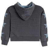 A dark gray cropped hoodie sweatshirt with light blue star graphics printed on both sleeves, shown from the back on a white background.