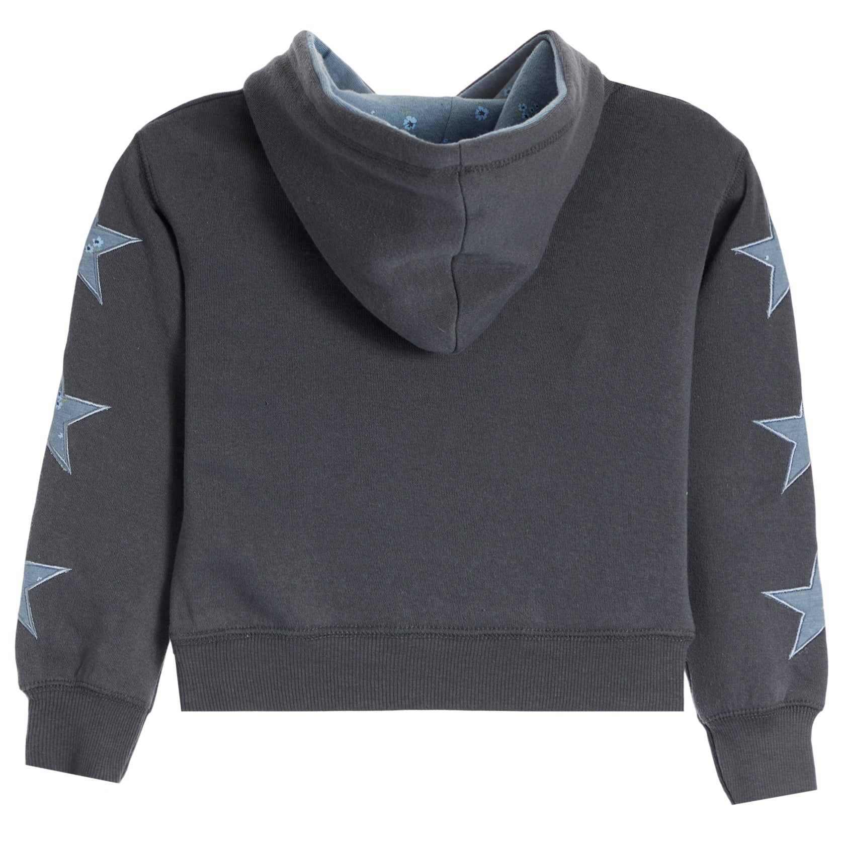 A dark gray cropped hoodie sweatshirt with light blue star graphics printed on both sleeves, shown from the back on a white background.