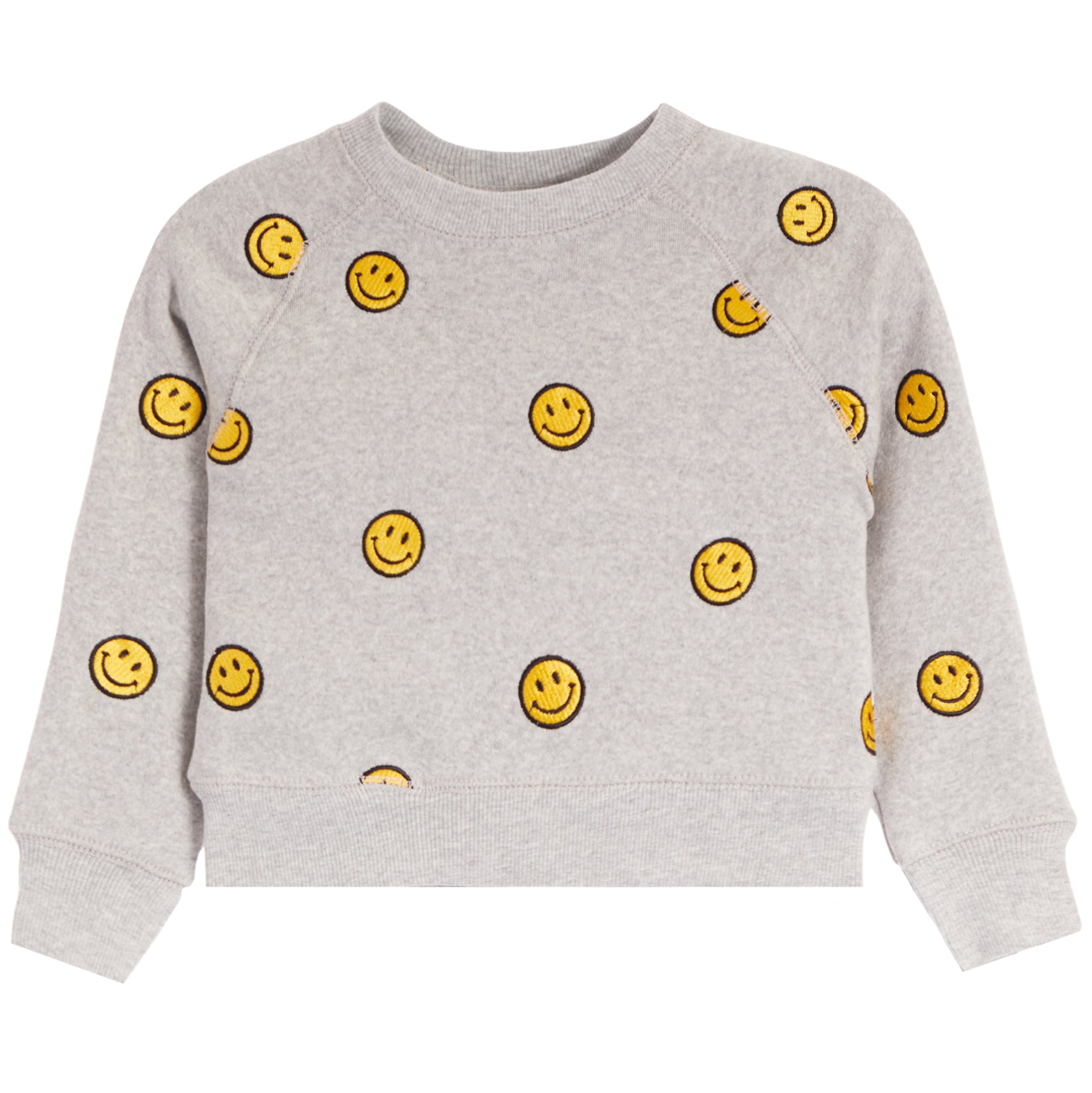 A light gray heather crewneck sweatshirt with an all-over yellow smiley face pattern, shown flat against a white background.