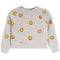 A light gray heather crewneck sweatshirt with an all-over yellow smiley face pattern, shown flat against a white background.