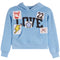 Light Blue hoodie with love written across and patches of a bow w cherries, bow. 22, lightning bolt and star.