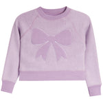 A light purple crewneck sweatshirt with a large bow applique on the front, displayed against a solid white background.