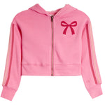 A pink cropped zip-up hoodie with a large pink bow embroidered on the left chest and pink and beige stripes down the sleeves, shown against a plain white background.