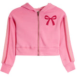 A pink cropped zip-up hoodie with a large pink bow embroidered on the left chest and pink and beige stripes down the sleeves, shown against a plain white background.