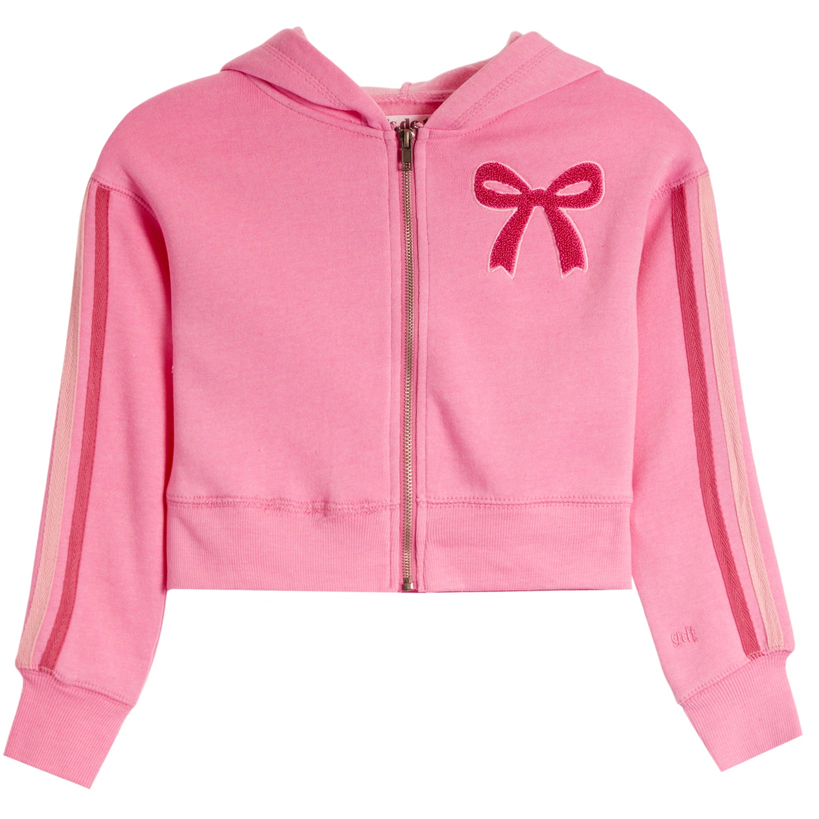A pink cropped zip-up hoodie with a large pink bow embroidered on the left chest and pink and beige stripes down the sleeves, shown against a plain white background.