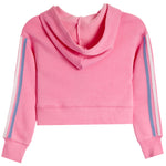 A pink cropped hoodie sweatshirt with a cowl neck and double stripes down the sleeves, shown against a plain white background.