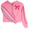 A pink cropped zip-up hoodie with a bow motif on the chest and striped details on the sleeves, shown against a plain white background.