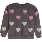 A dark gray crewneck sweatshirt with multiple textured, raised chenille heart patches in pink and light purple, displayed on a solid white background.