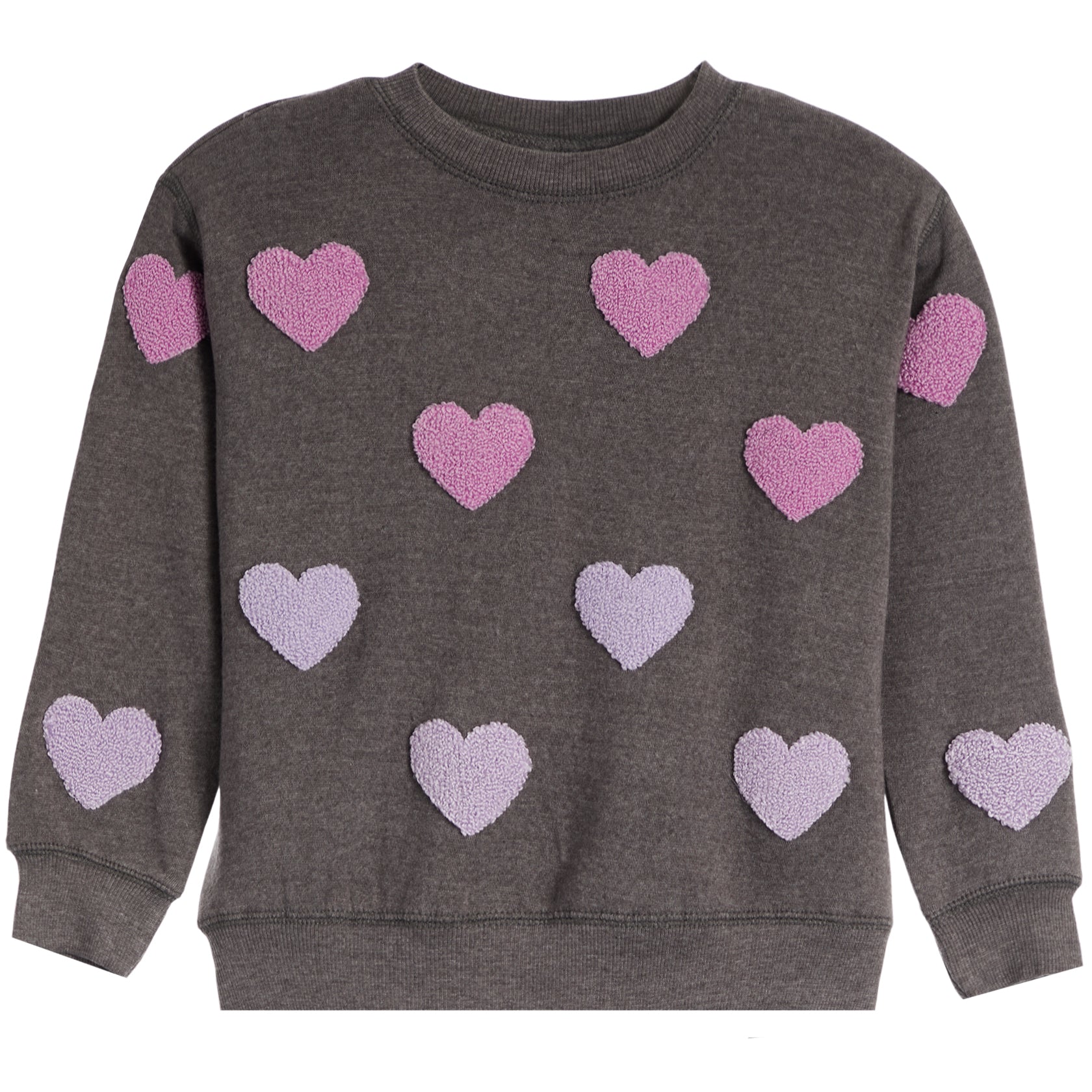 A dark gray crewneck sweatshirt with multiple textured, raised chenille heart patches in pink and light purple, displayed on a solid white background.