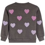 A dark gray long-sleeve sweatshirt with textured pink and lavender chenille hearts embroidered across the back, shown against a plain white background.