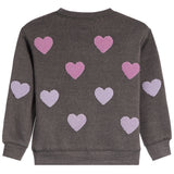 A dark gray long-sleeve sweatshirt with textured pink and lavender chenille hearts embroidered across the back, shown against a plain white background.