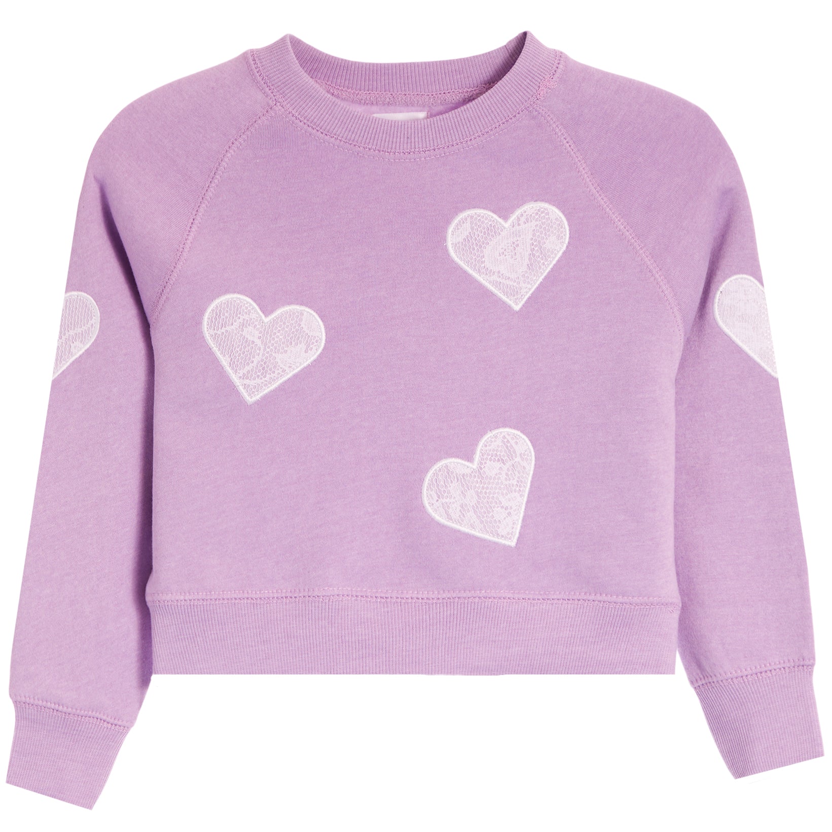 A lavender purple cropped crewneck sweatshirt with white embroidered lace-patterned hearts scattered across the front and sleeves, shown against a plain white background.