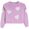 A lavender purple cropped crewneck sweatshirt with white embroidered lace-patterned hearts scattered across the front and sleeves, shown against a plain white background.