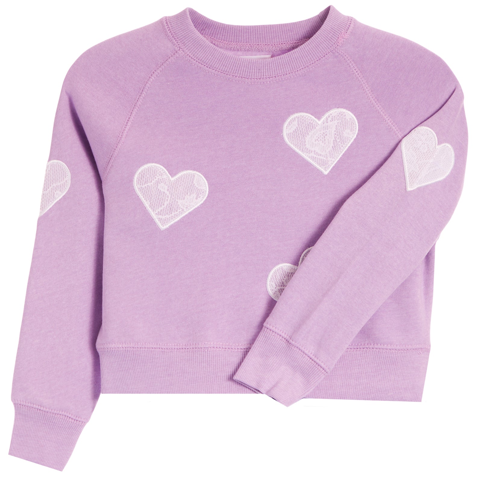 A lavender purple crewneck sweatshirt with white embroidered lace-heart details on the front and sleeves, displayed on a clean white background.