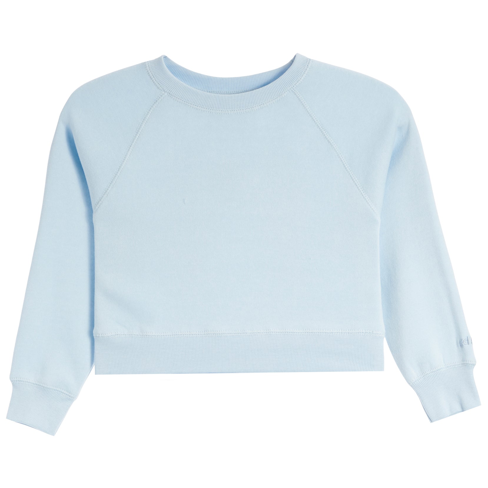 A light blue long-sleeve crewneck sweatshirt with raglan sleeves, shown flat against a solid white background.