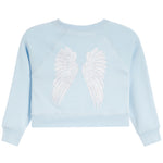 A light blue sweatshirt with long raglan sleeves, featuring a large white rhinestone-embellished angel wings design on the back.