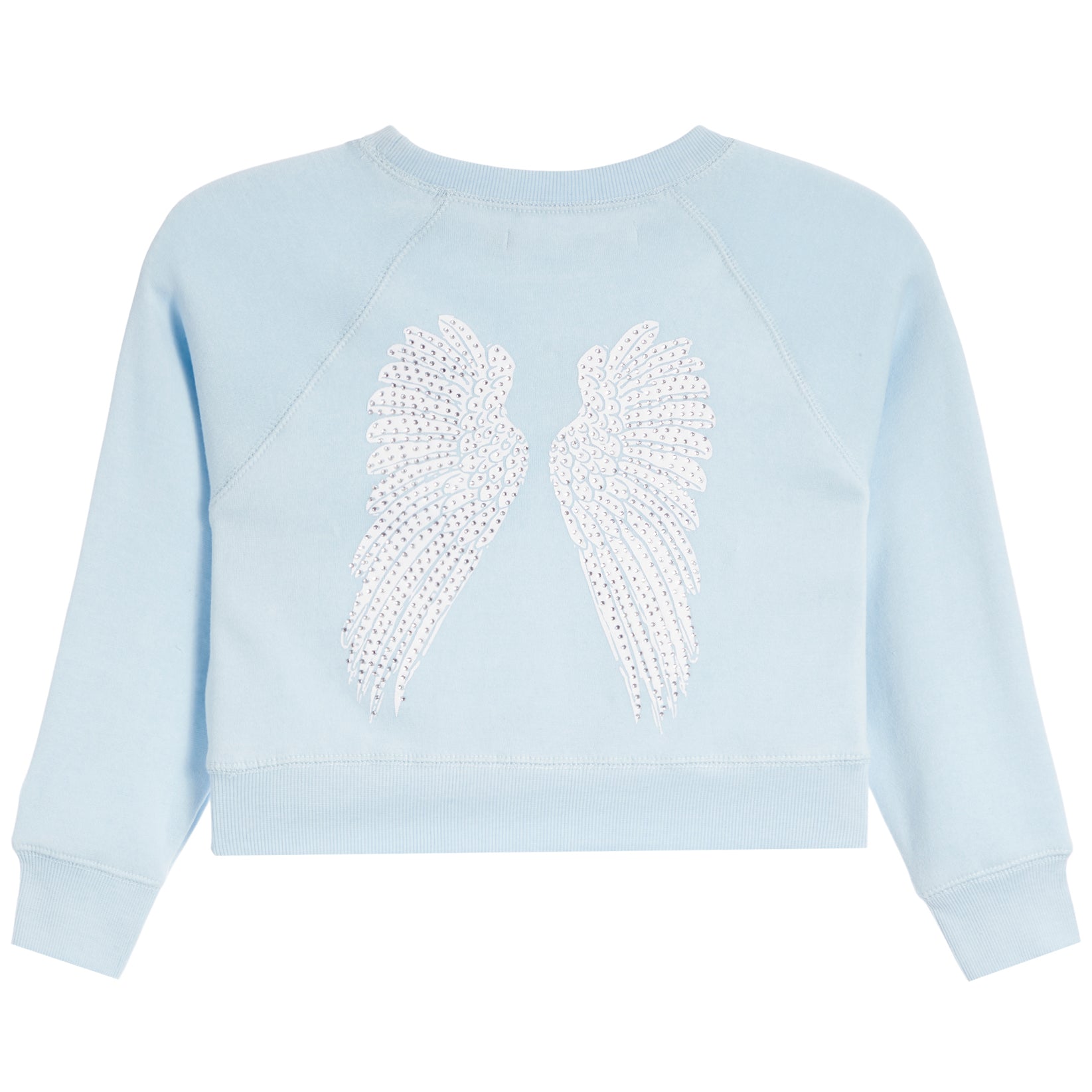 A light blue sweatshirt with long raglan sleeves, featuring a large white rhinestone-embellished angel wings design on the back.