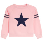 A light pink crewneck sweatshirt with a large dark navy blue star on the front and two horizontal navy stripes on each sleeve, shown against a plain white background.
