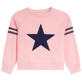 A light pink crewneck sweatshirt with a large dark navy blue star on the front and two horizontal navy stripes on each sleeve, shown against a plain white background.