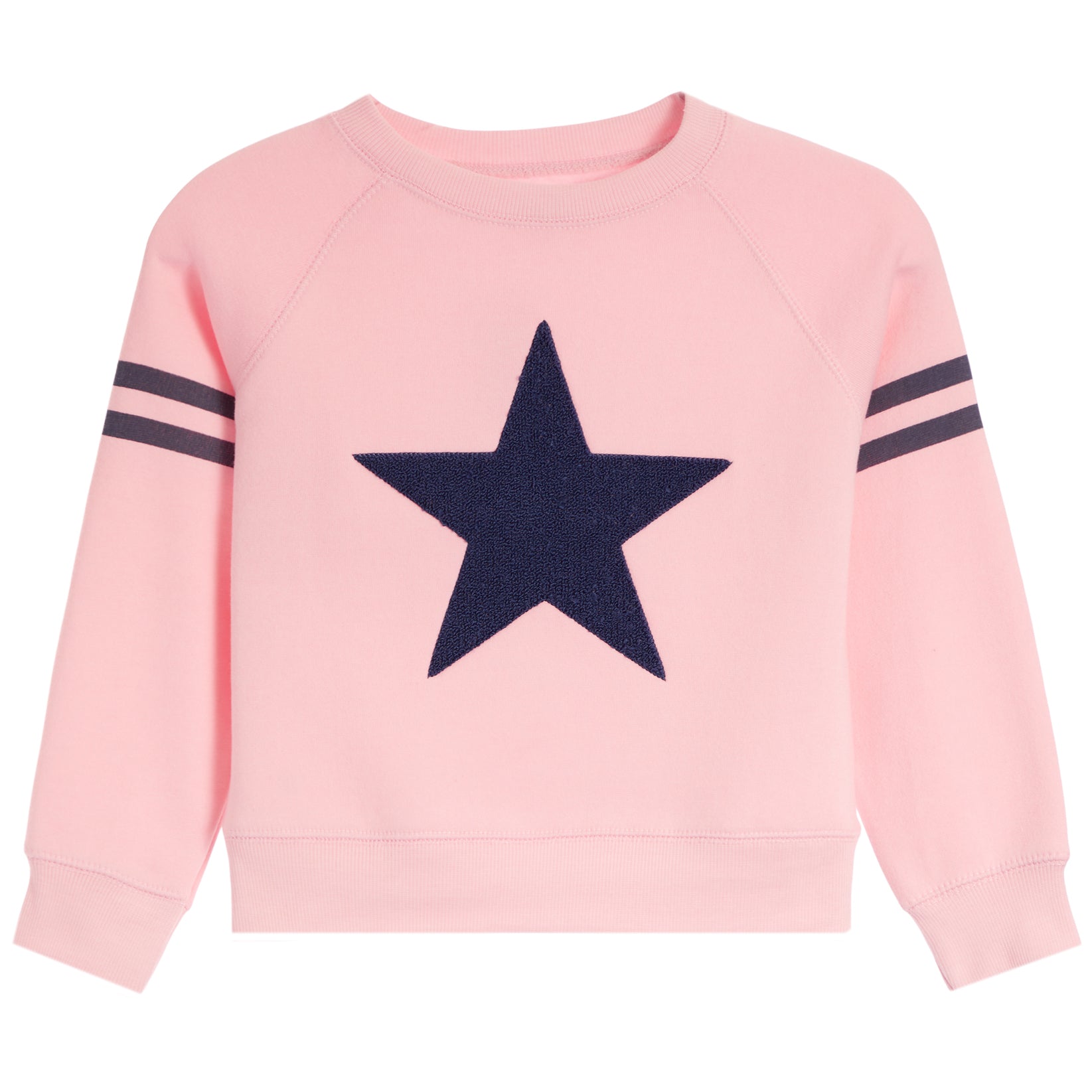 A light pink crewneck sweatshirt with a large dark navy blue star on the front and two horizontal navy stripes on each sleeve, shown against a plain white background.