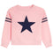 A light pink crewneck sweatshirt with a large dark navy blue star on the front and two horizontal navy stripes on each sleeve, shown against a plain white background.