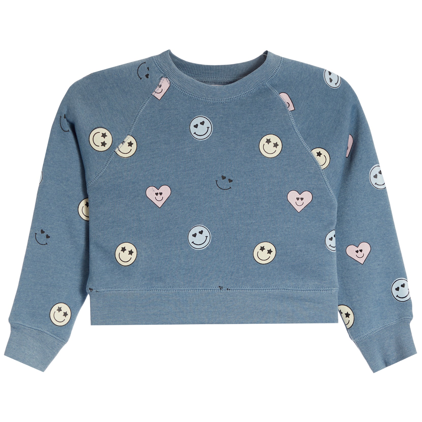 A dusty blue cropped sweatshirt with an all-over print of smiley faces, hearts, and simple smiley faces in pink, white, and yellow.
