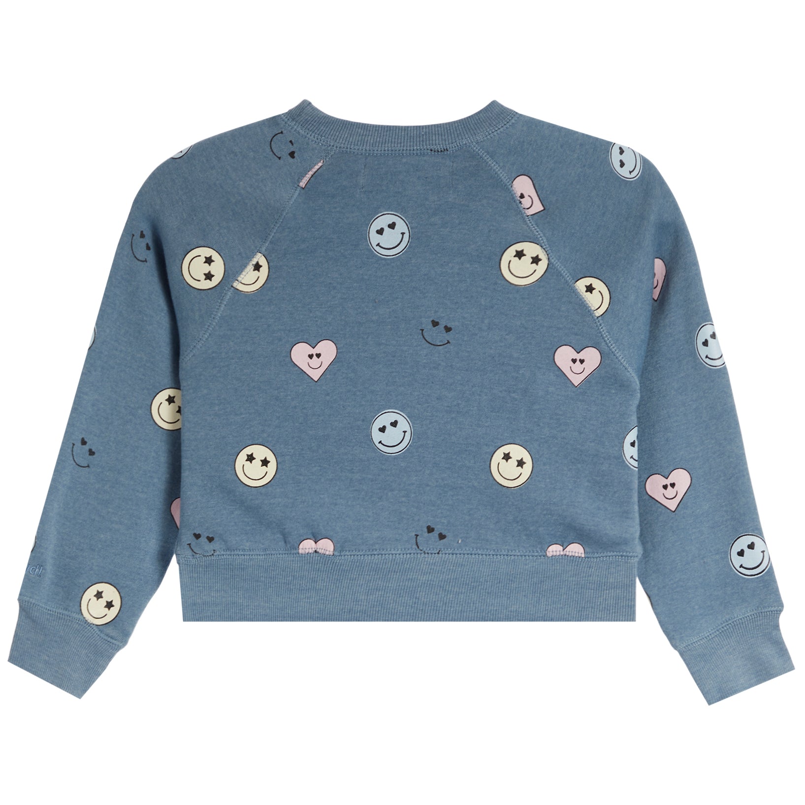 A kids' long-sleeve crewneck sweatshirt in heathered dusty blue, decorated with an all-over pattern of smiley faces, hearts, and bows in pastel colors, shown flat on a white background.