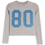 A light gray heather long-sleeve thermal with a large light blue '80' graphic on the front, from Girls Do Too.