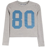A light gray heather long-sleeve thermal with a large light blue '80' graphic on the front, from Girls Do Too.