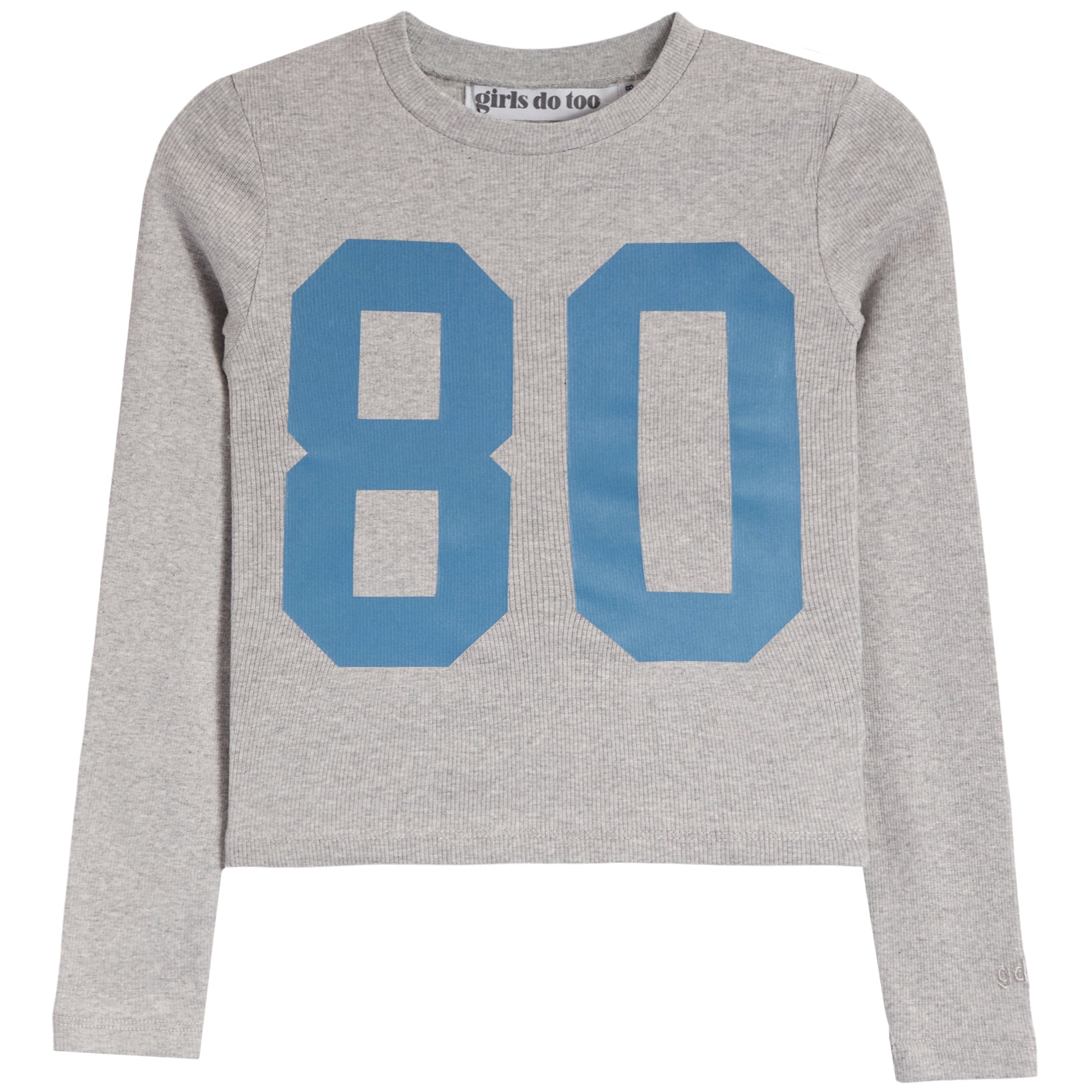 A light gray heather long-sleeve thermal with a large light blue '80' graphic on the front, from Girls Do Too.