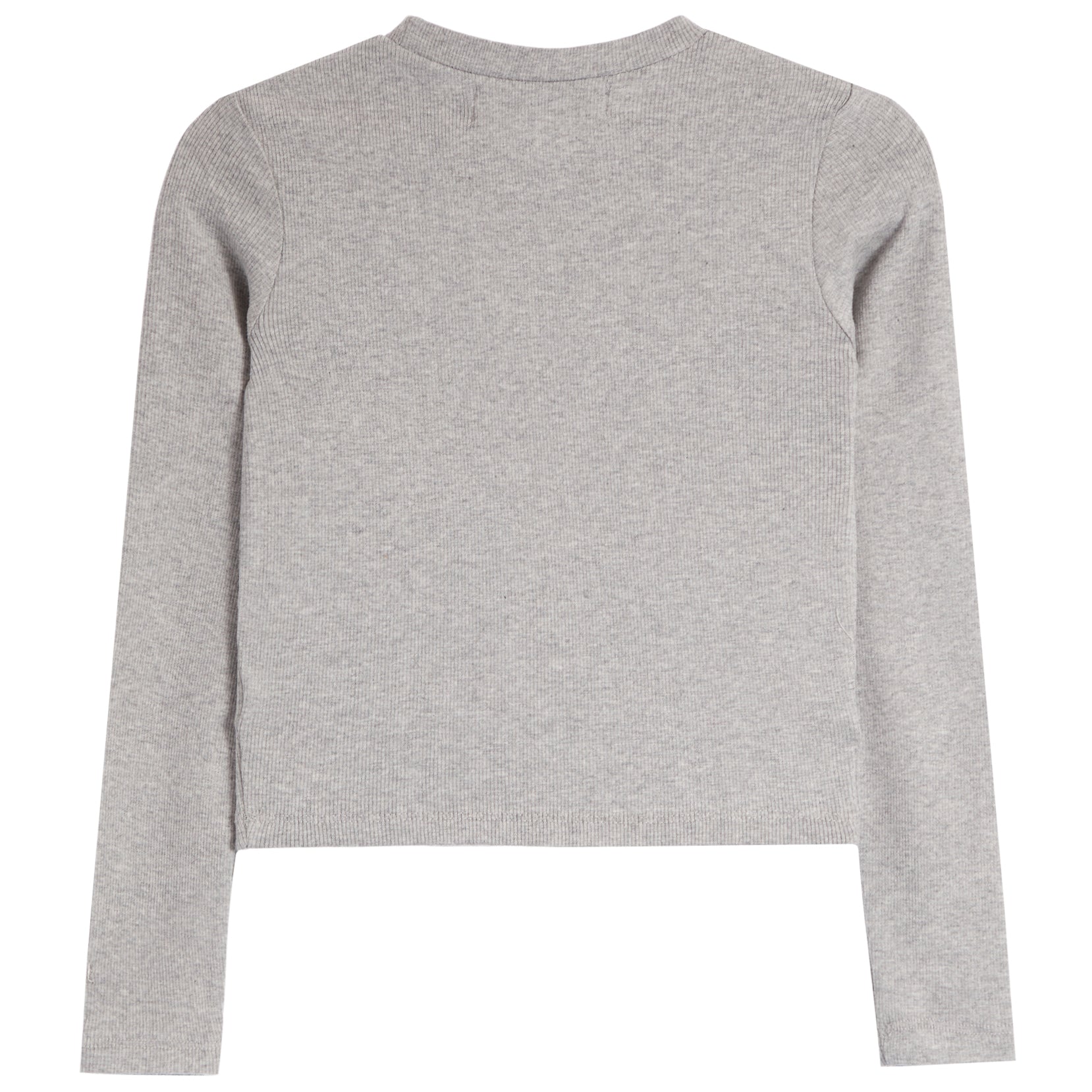 A light gray heather thermal long-sleeve crop top shown from the back, photographed flat against a solid white background.
