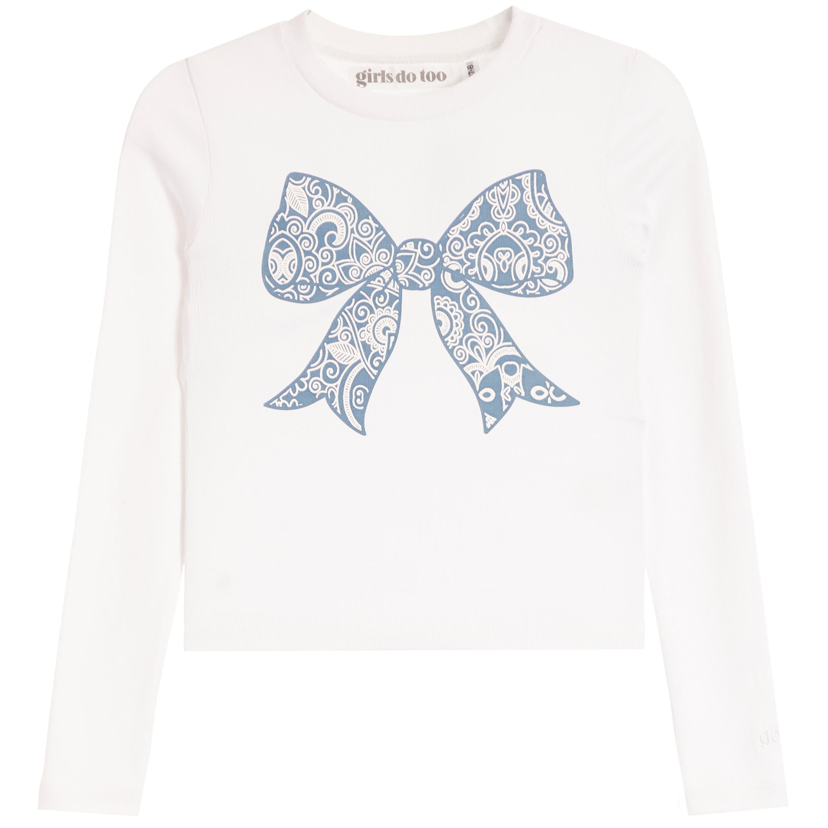 A white long-sleeve crop top featuring a large blue paisley-patterned bow graphic on the front, with the brand name 'girls do too' printed inside the collar.