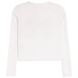 A plain white long-sleeve crop top shown from the back, laid flat against a white background.