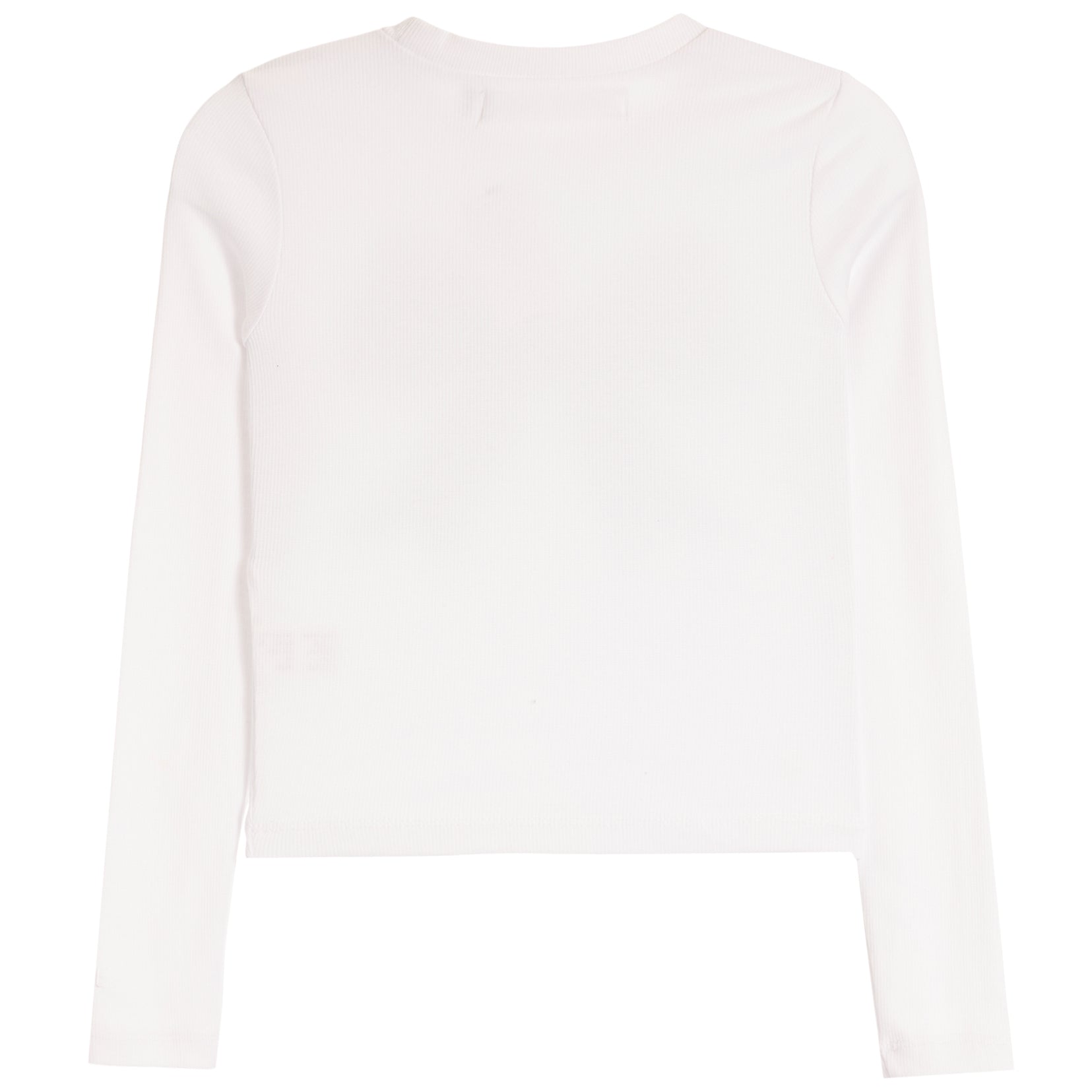 A plain white long-sleeve crop top shown from the back, laid flat against a white background.