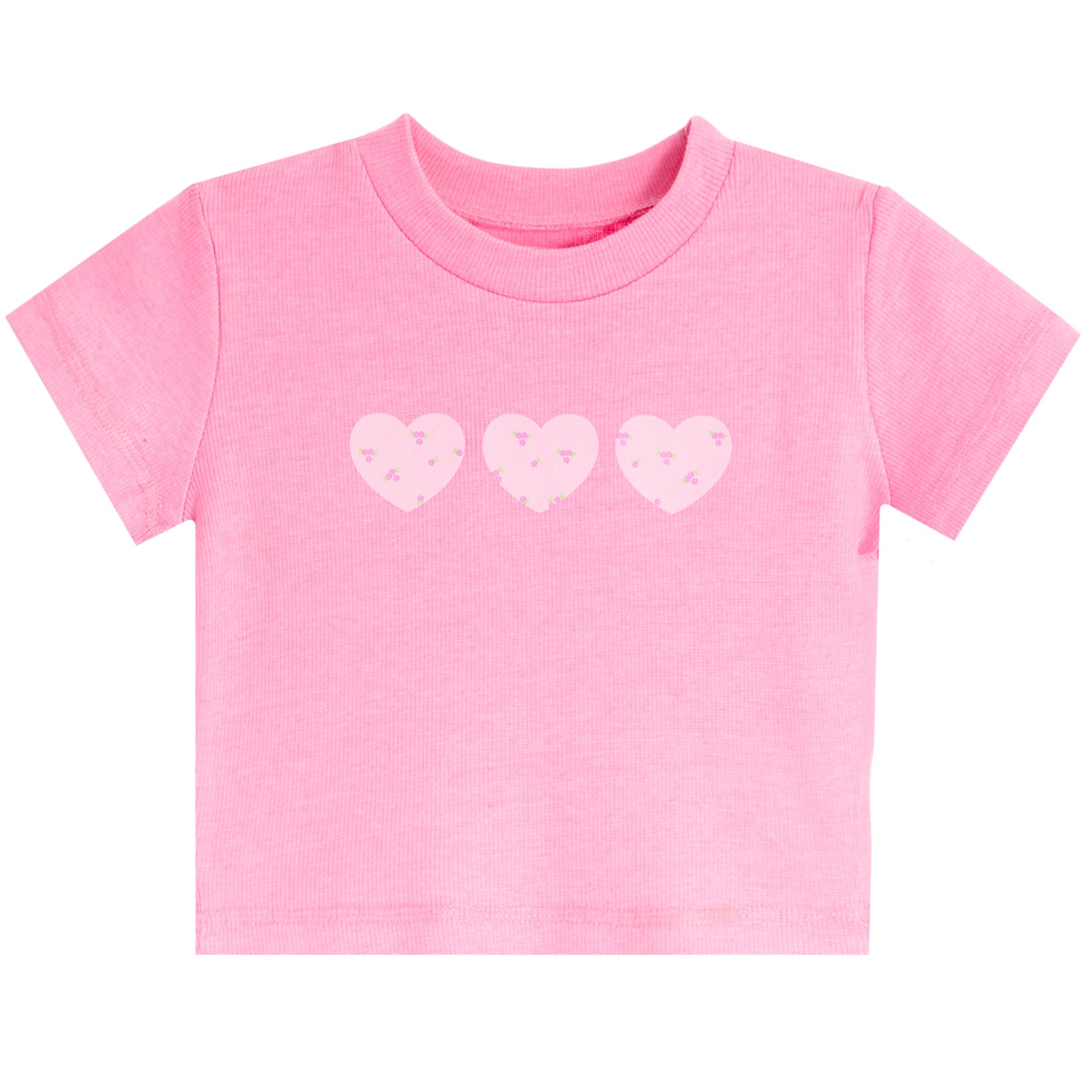 A pink short-sleeve baby t-shirt with three light pink hearts printed across the chest, displayed on a solid white background.