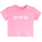 A pink short-sleeve baby t-shirt with three light pink hearts printed across the chest, displayed on a solid white background.