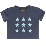A navy blue short-sleeve baby t-shirt with a grid of ten light blue embroidered stars on the front, displayed against a solid white background.