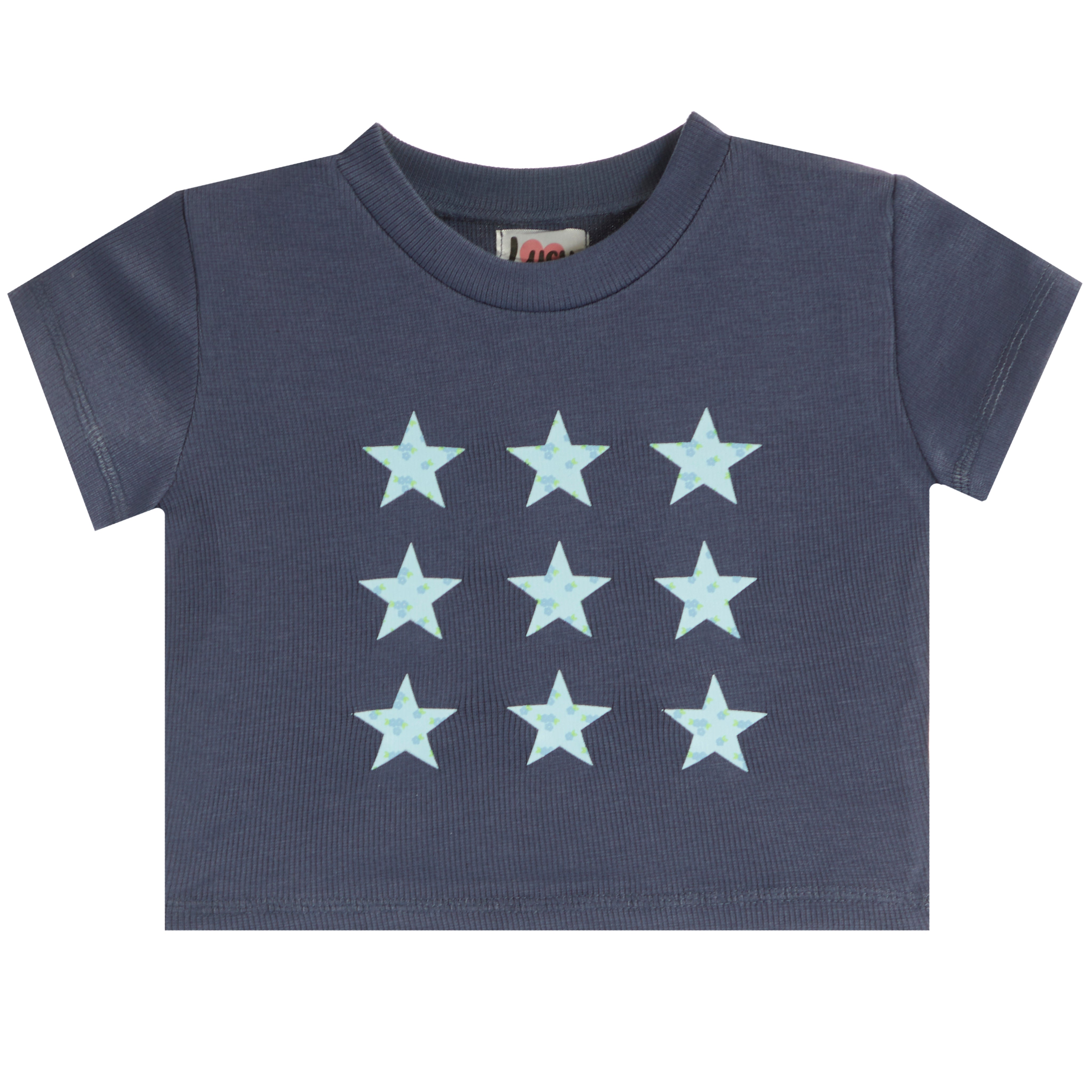 A navy blue short-sleeve baby t-shirt with a grid of ten light blue embroidered stars on the front, displayed against a solid white background.