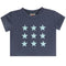 A navy blue short-sleeve baby t-shirt with a grid of ten light blue embroidered stars on the front, displayed against a solid white background.
