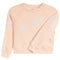 A light peach crewneck sweatshirt with white embroidered bow patterns on the front and sleeves, displayed flat against a white background.