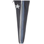 Dark gray jogger pants featuring a vertical stripe pattern in white, light blue, and dark gray, with a large white star on the upper left leg and a small '931' logo near the waistband.