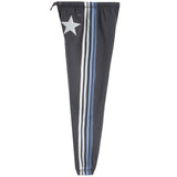 Dark gray jogger pants featuring a vertical stripe pattern in white, light blue, and dark gray, with a large white star on the upper left leg and a small '931' logo near the waistband.