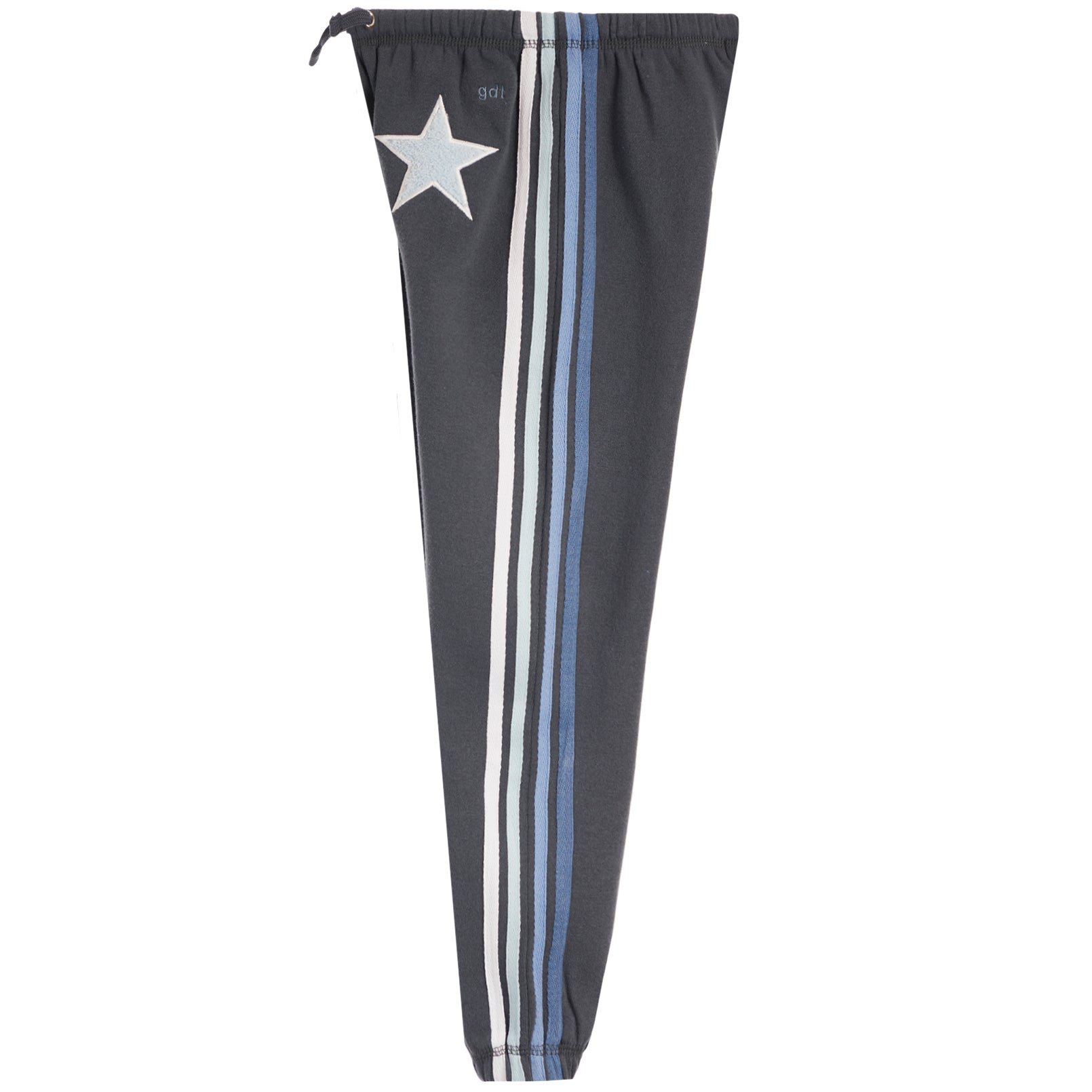 Dark gray jogger pants featuring a vertical stripe pattern in white, light blue, and dark gray, with a large white star on the upper left leg and a small '931' logo near the waistband.