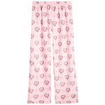 Pink wide-leg lounge pants with an all-over repeating pattern of pink and gray hearts, shown flat against a white background.