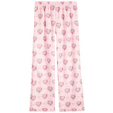 Pink wide-leg lounge pants with an all-over repeating pattern of pink and gray hearts, shown flat against a white background.